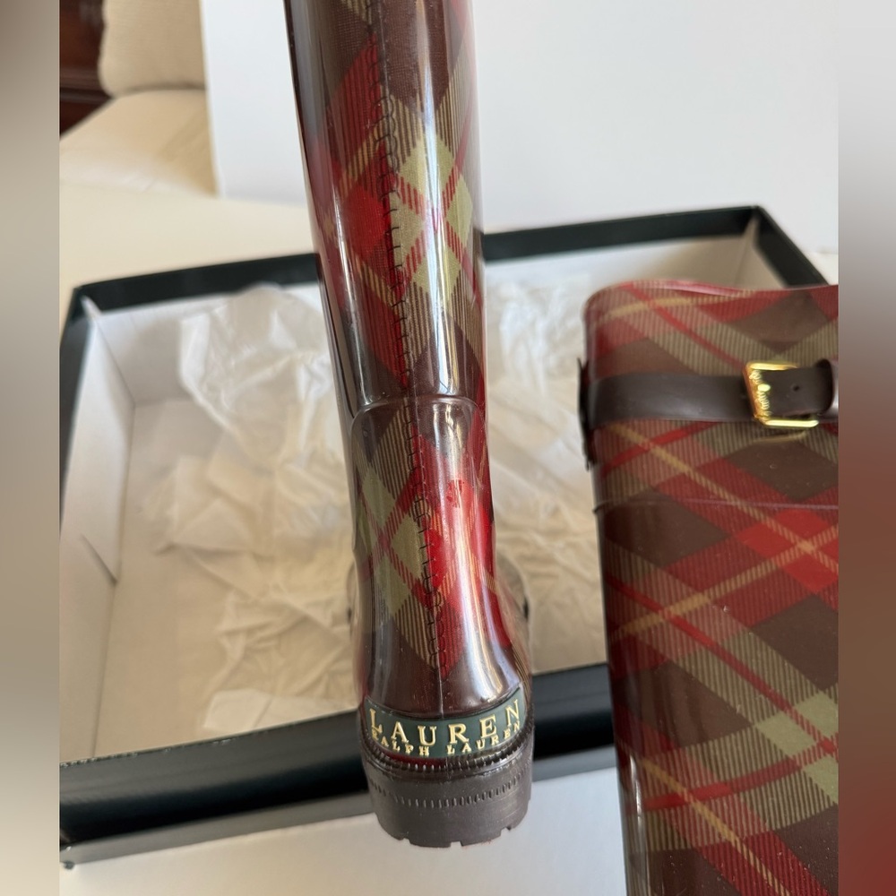 Ralph Lauren Rosalyn Rain Boots 6 plaid (sage & Burgundy) NWOT in box - Picture 8 of 10